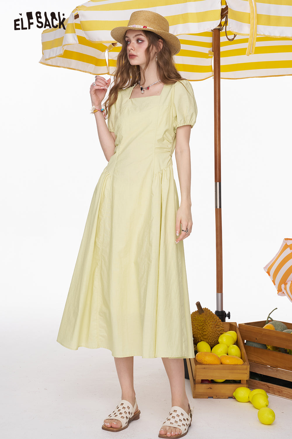 ELFSACK Square Neck White Bubble Sleeve Mid Length Dress