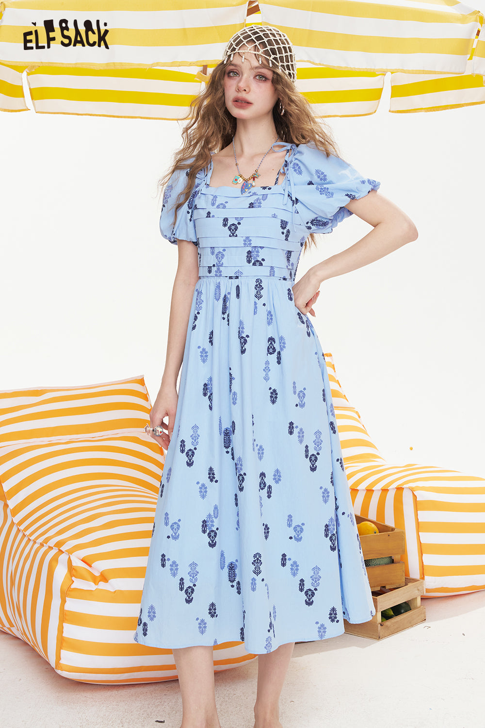 ELFSACK Square Neck Bubble Sleeve Mid Length Dress