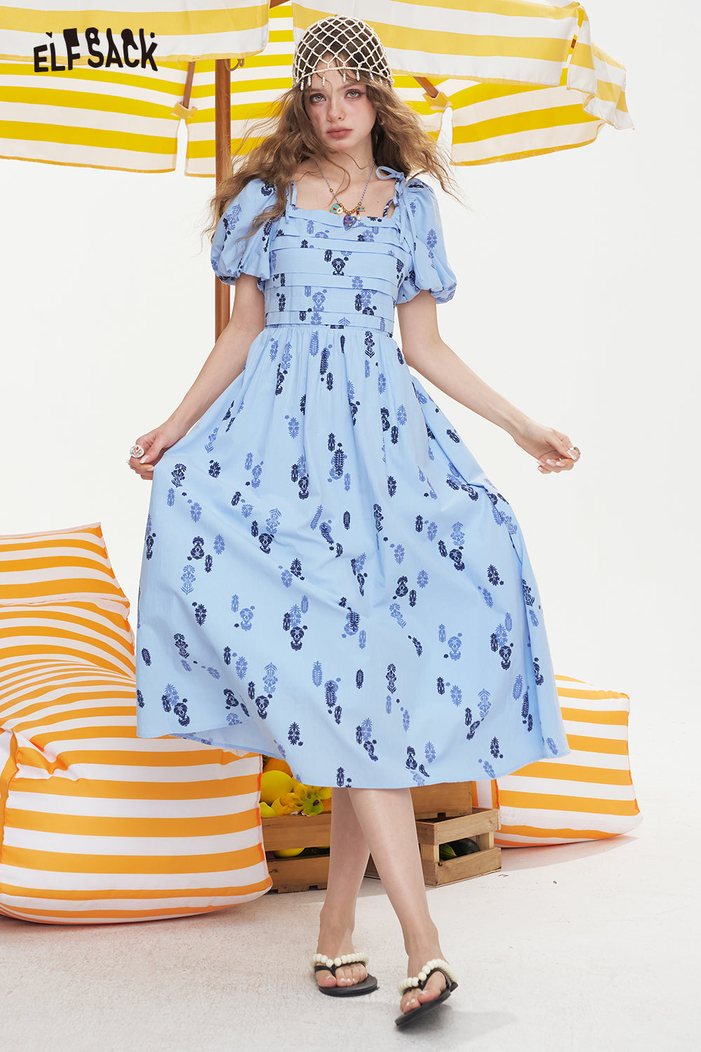 ELFSACK Square Neck Bubble Sleeve Mid Length Dress
