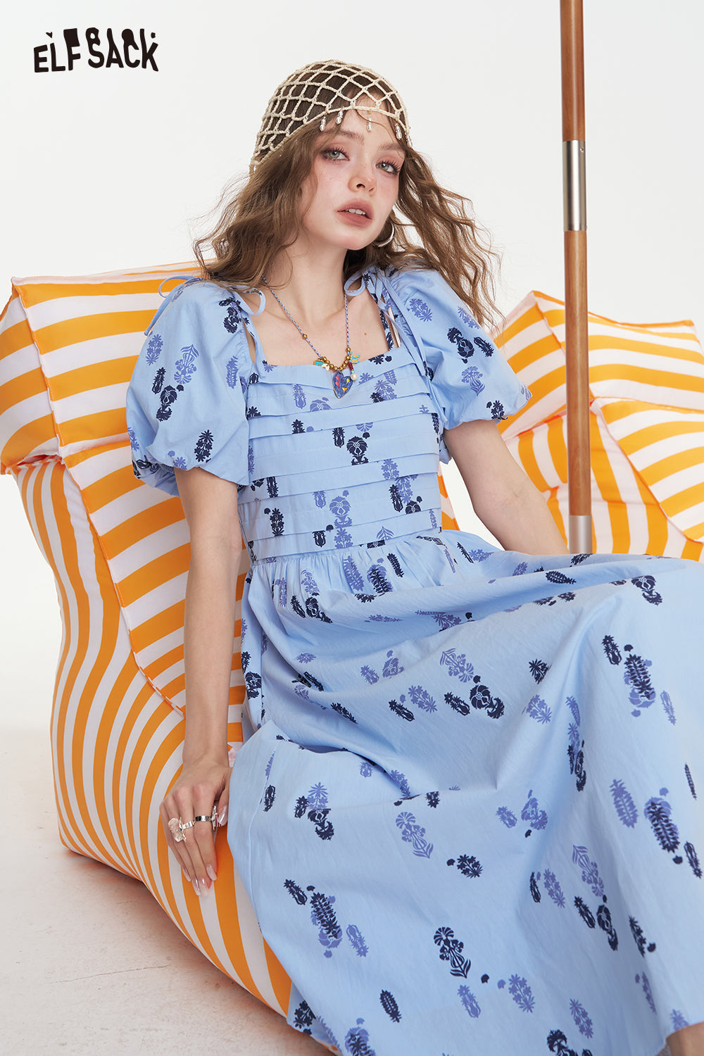 ELFSACK Square Neck Bubble Sleeve Mid Length Dress