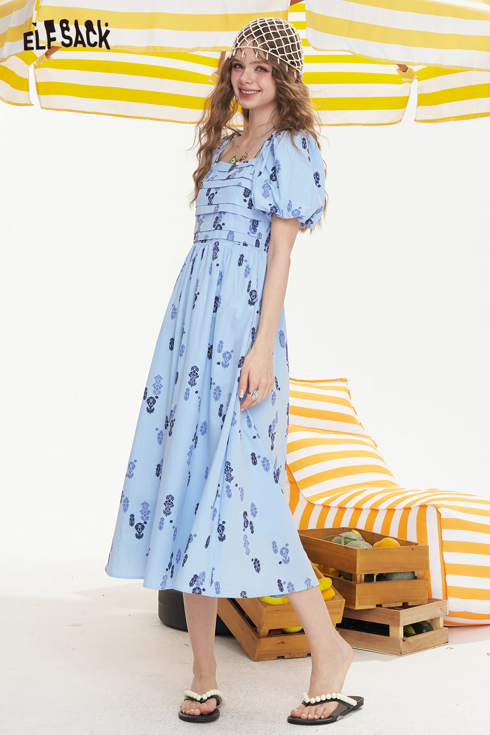 ELFSACK Square Neck Bubble Sleeve Mid Length Dress