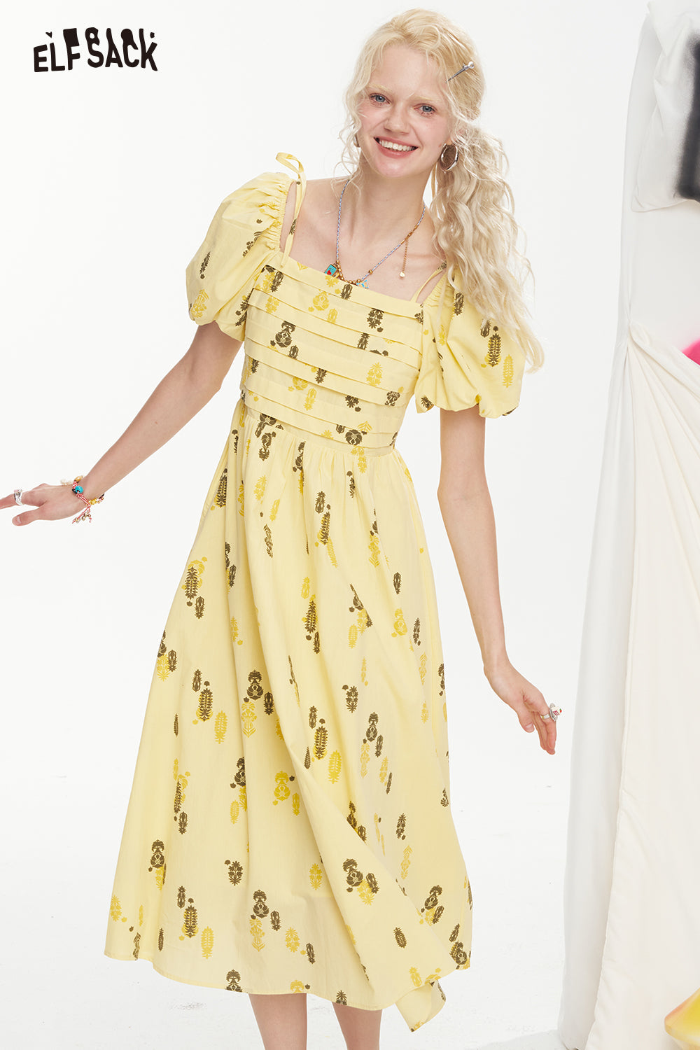 ELFSACK Square Neck Bubble Sleeve Mid Length Dress