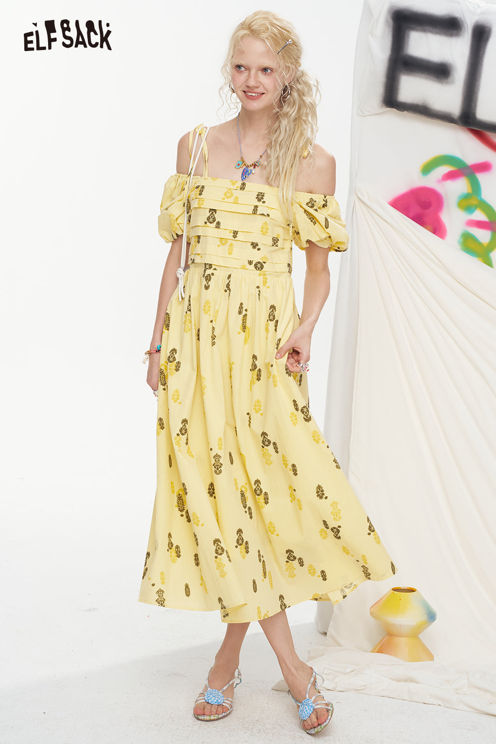 ELFSACK Square Neck Bubble Sleeve Mid Length Dress