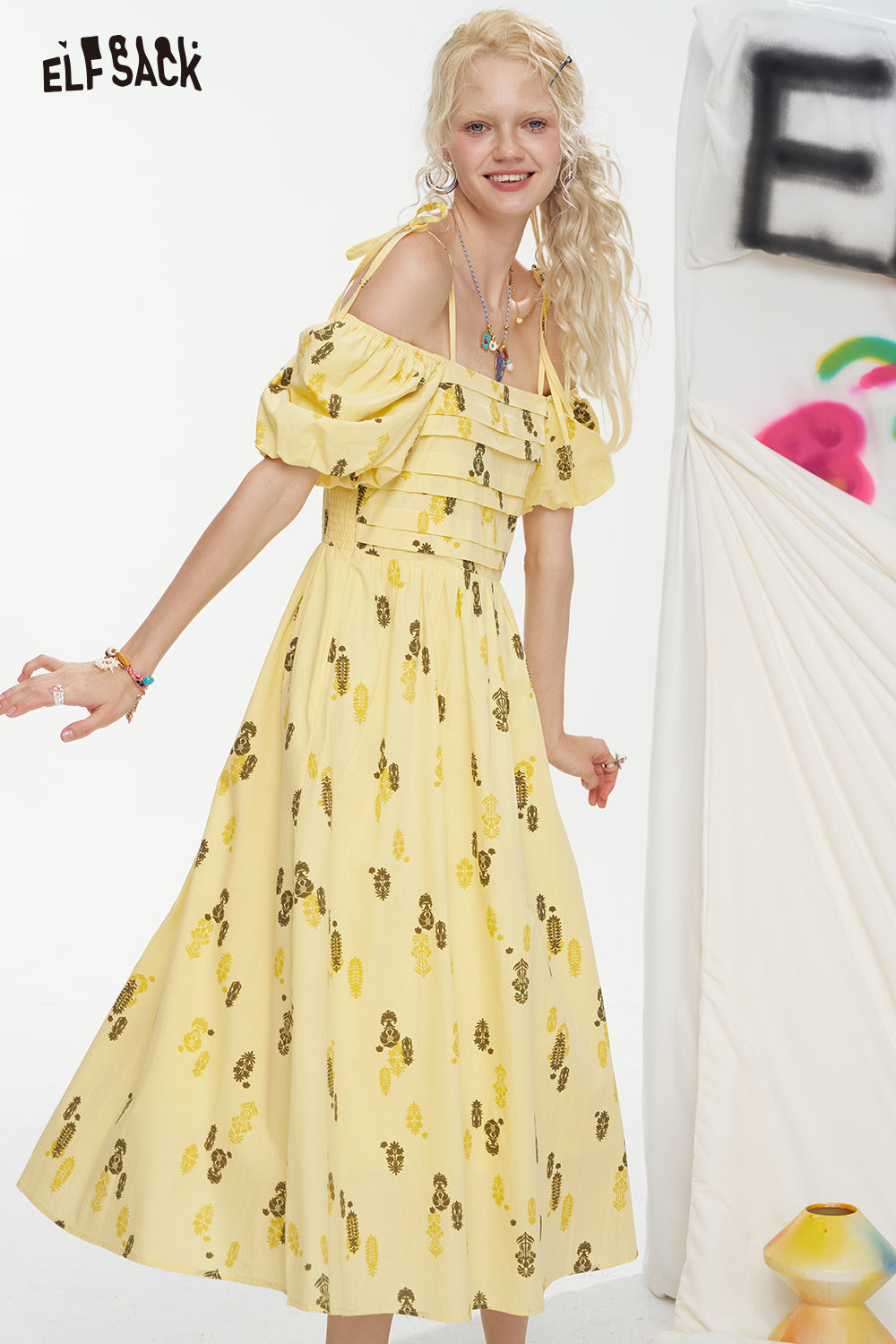 ELFSACK Square Neck Bubble Sleeve Mid Length Dress