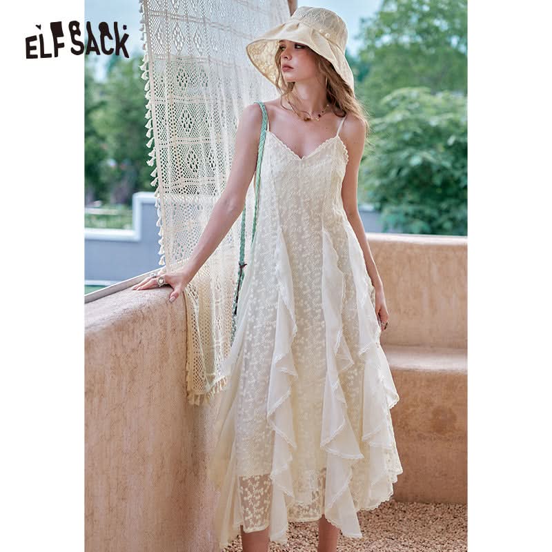 ELFSACK White Lace Vacation Style Halter Dress