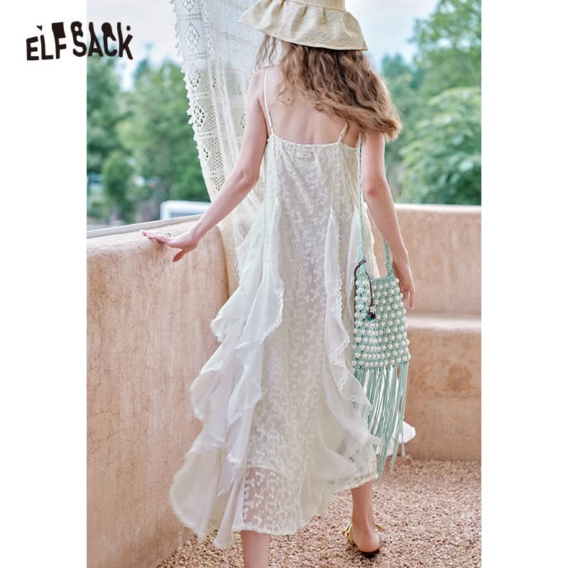 ELFSACK White Lace Vacation Style Halter Dress
