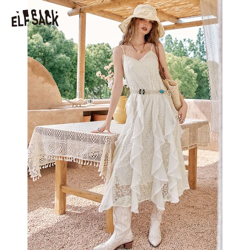 ELFSACK White Lace Vacation Style Halter Dress