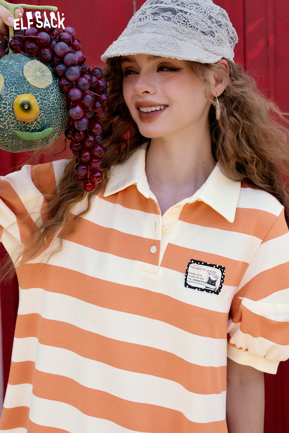 ELFSACK Polo Collar Bubble Sleeve Striped Casual Dress