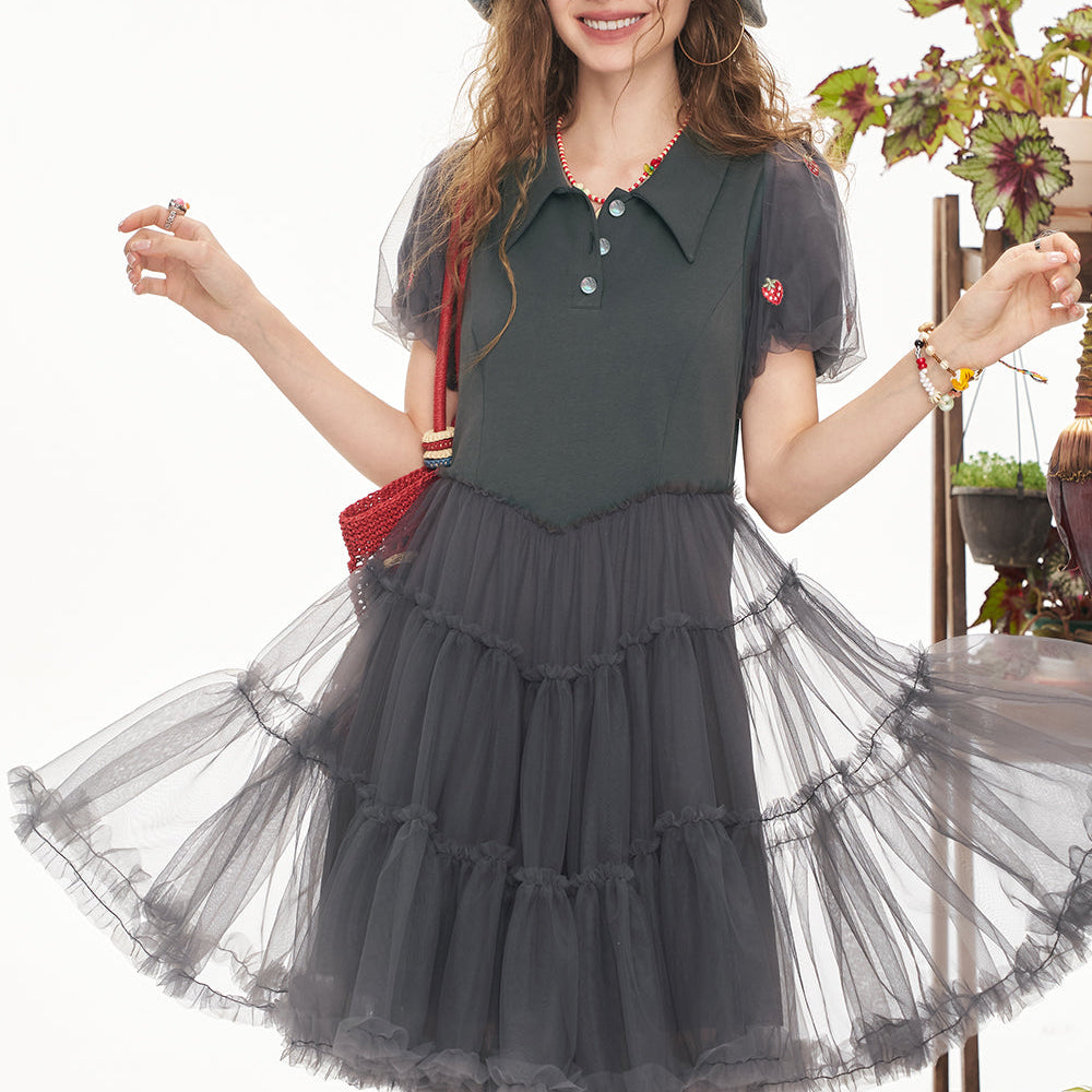 ELFSACK Bubble Sleeve Mesh Patchwork Chic Dress