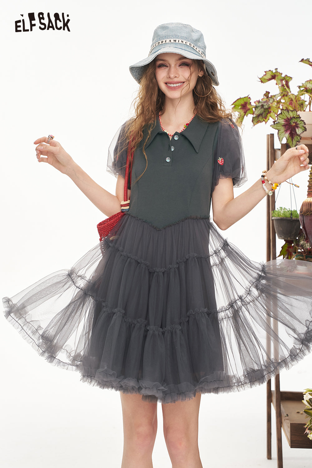 ELFSACK Bubble Sleeve Mesh Patchwork Chic Dress