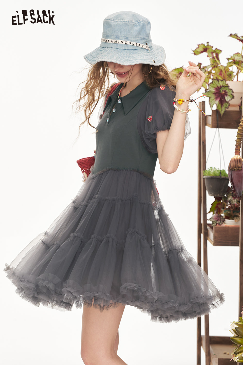 ELFSACK Bubble Sleeve Mesh Patchwork Chic Dress