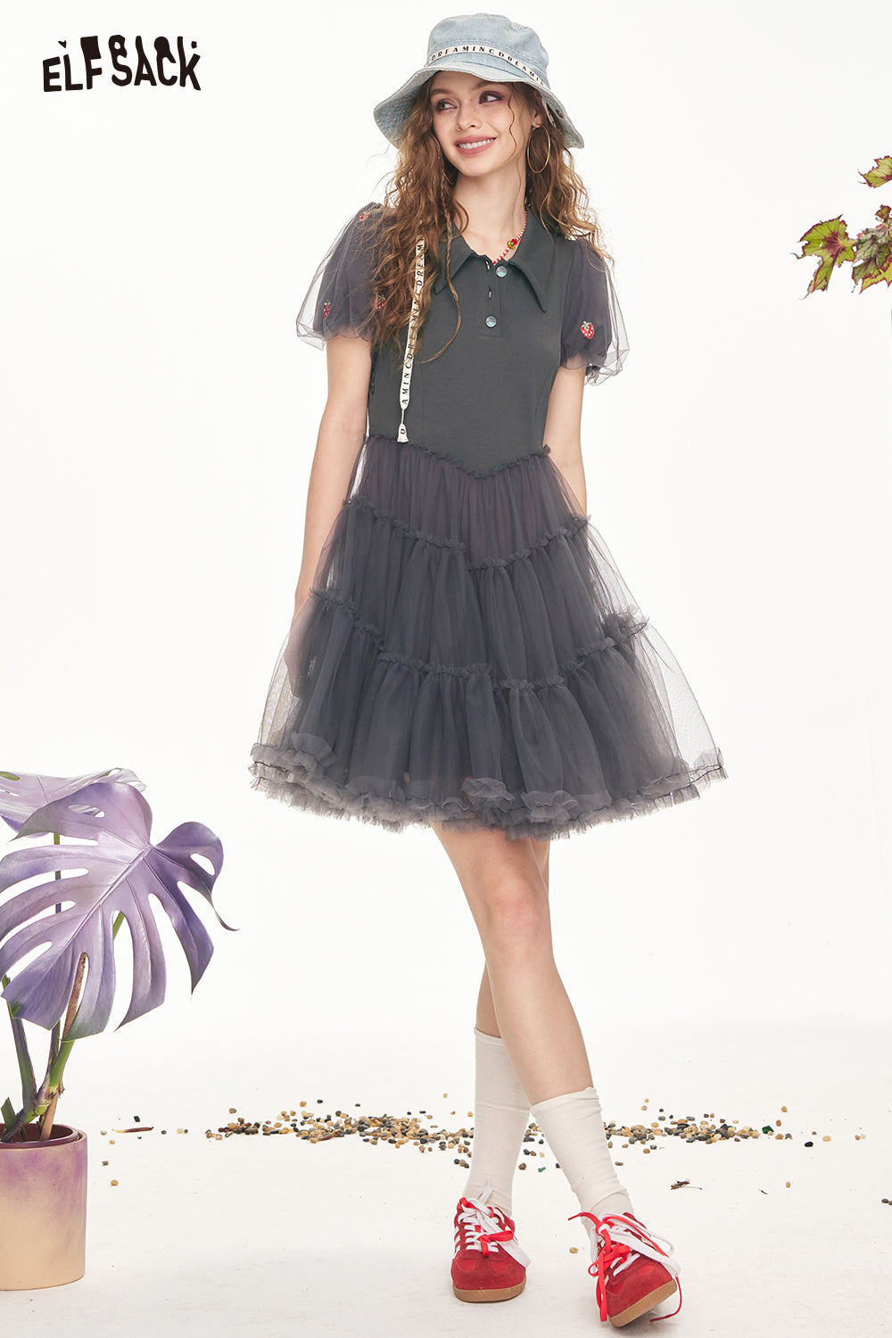 ELFSACK Bubble Sleeve Mesh Patchwork Chic Dress