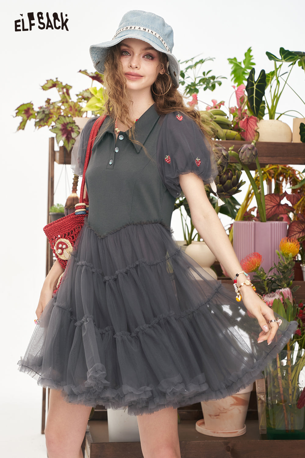 ELFSACK Bubble Sleeve Mesh Patchwork Chic Dress