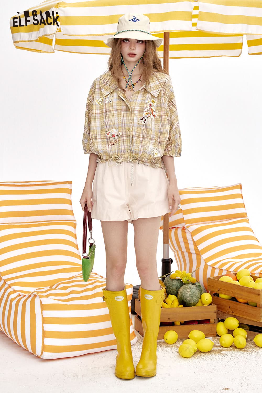 ELFSACK Cartoon Printed Checkered Bubble Sleeve Chic Shirt