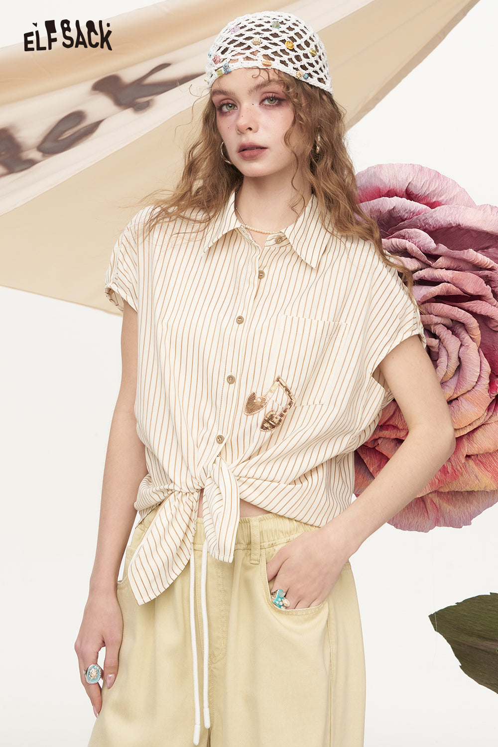 ELFSACK 2025 Summer New Arrivals Bead Embroidered Striped Short Sleeved Chic Shirt For Women