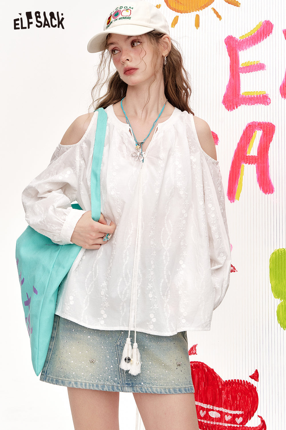 ELFSACK Chinese Style Jacquard Off Shoulder Tassel White Chic Shirt