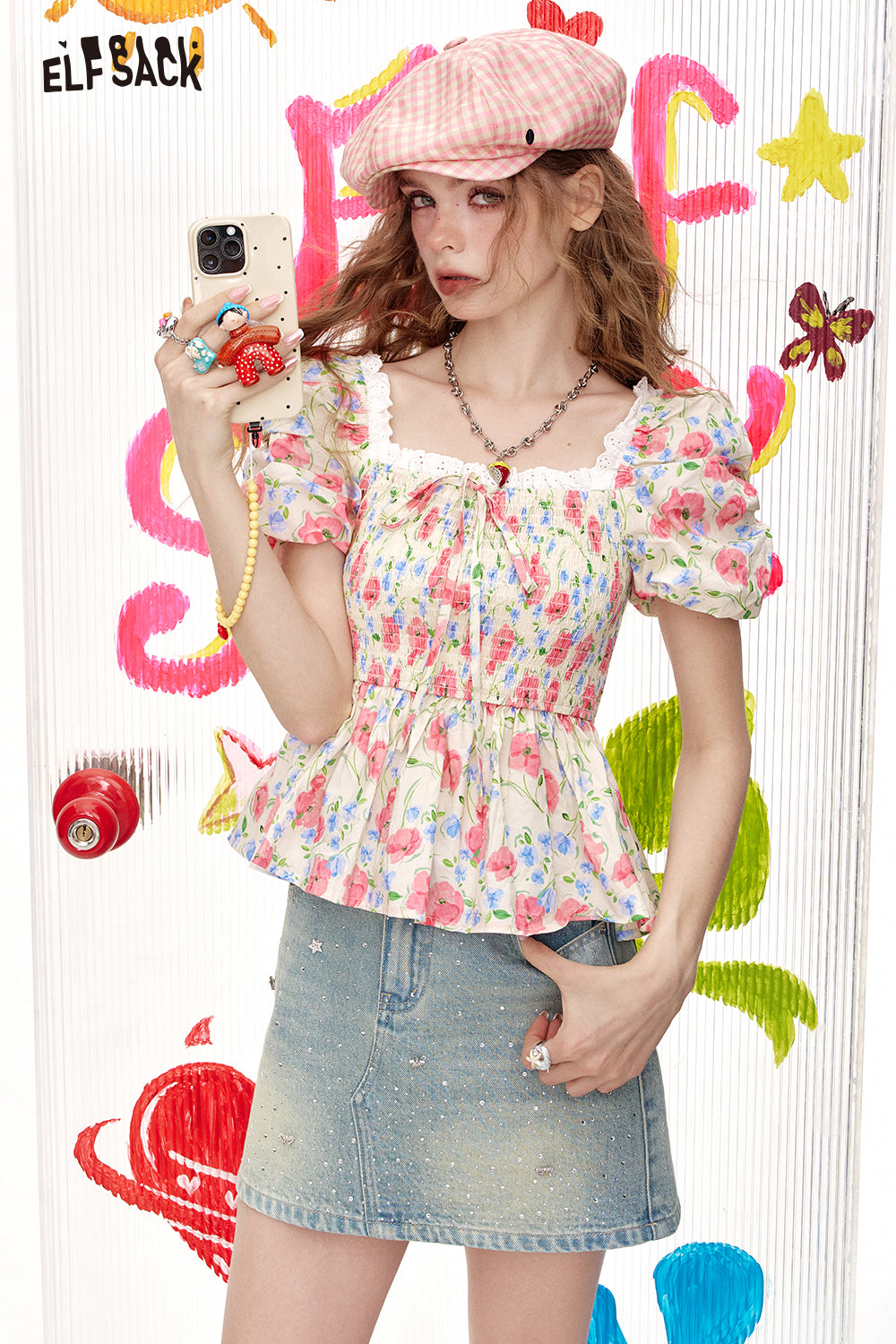 ELFSACK Floral Slim Fit Square Neck Short Sleeved Chiffon Chic Shirt