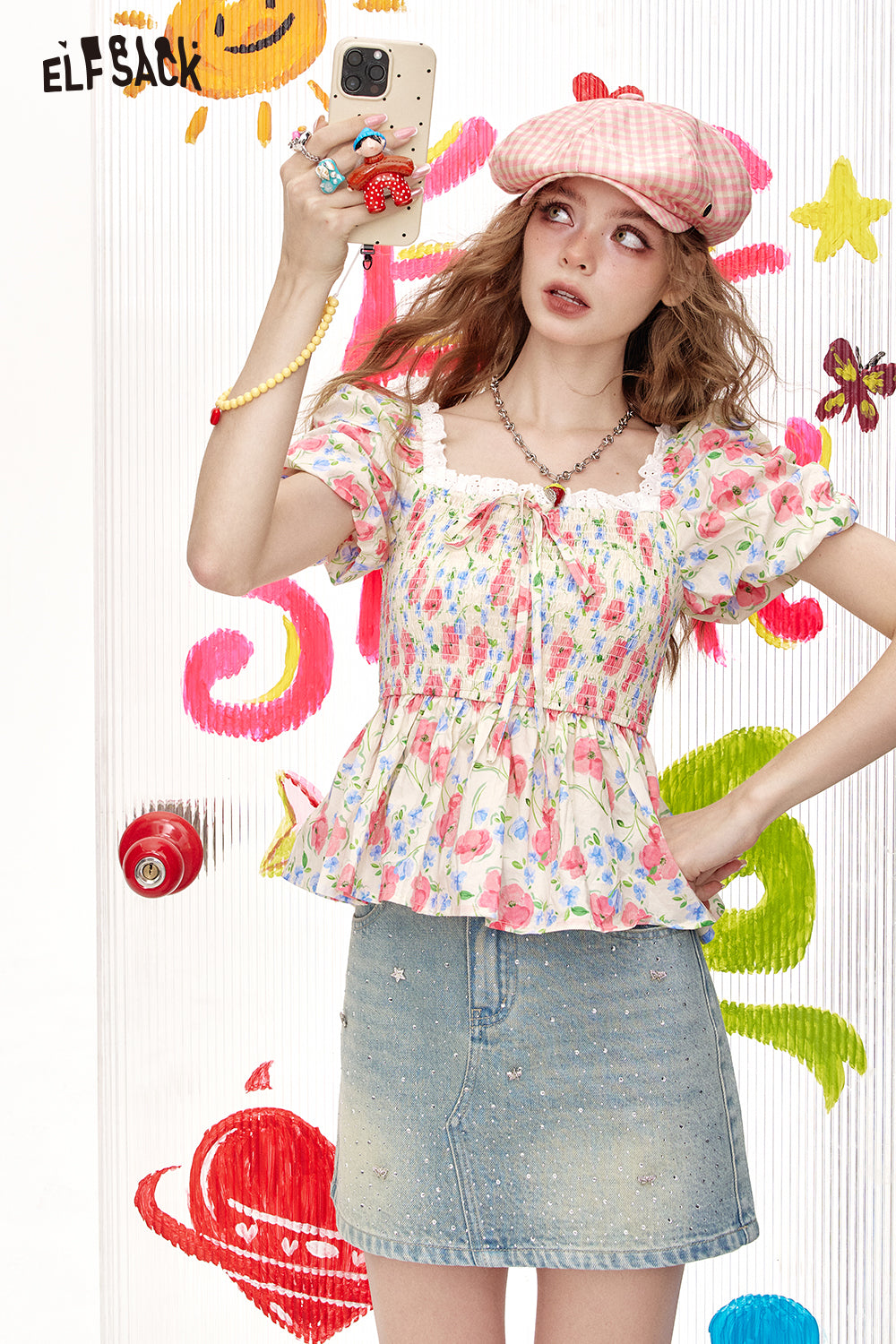 ELFSACK Floral Slim Fit Square Neck Short Sleeved Chiffon Chic Shirt