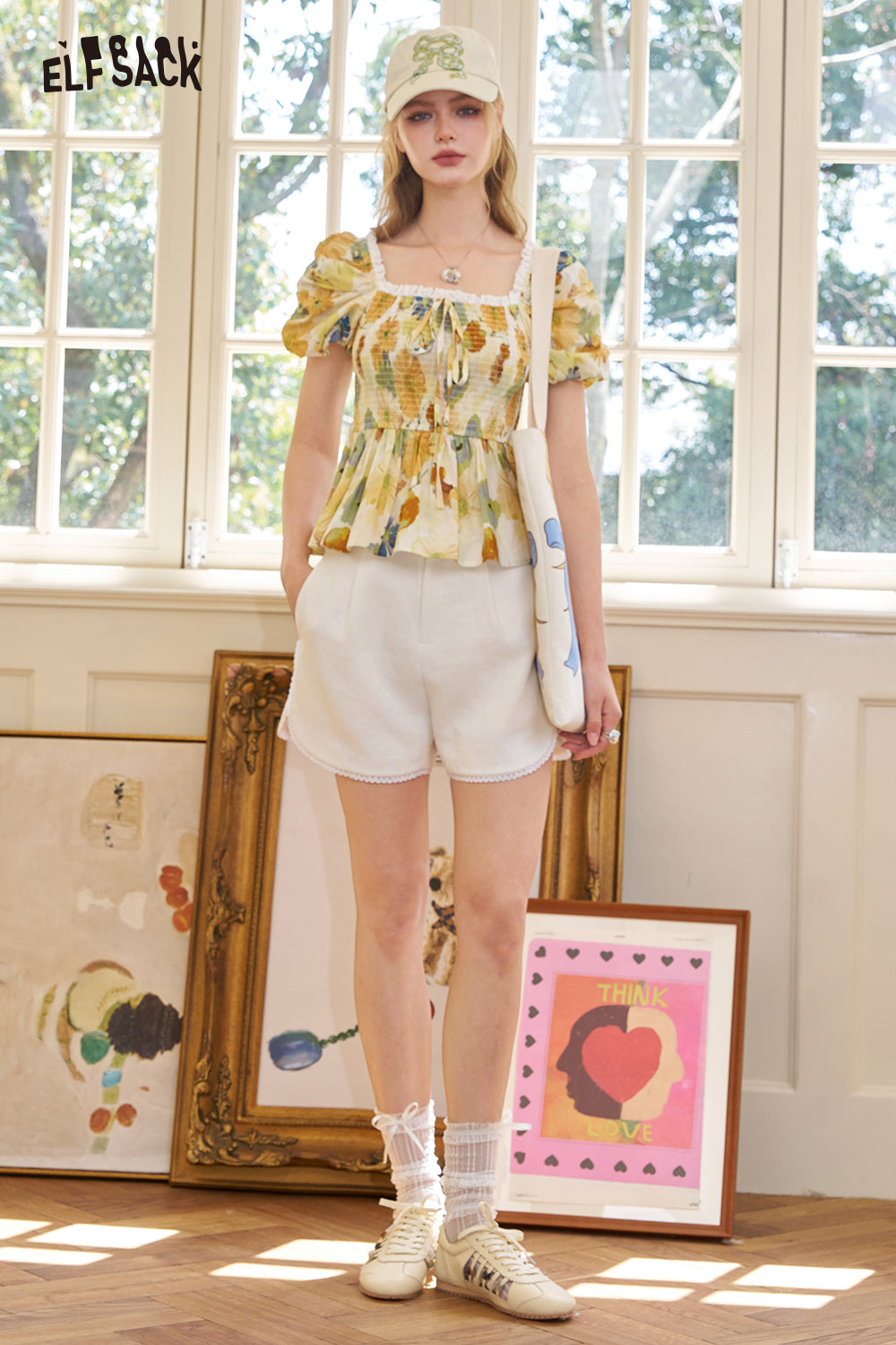 ELFSACK Floral Slim Fit Square Neck Short Sleeved Chiffon Chic Shirt