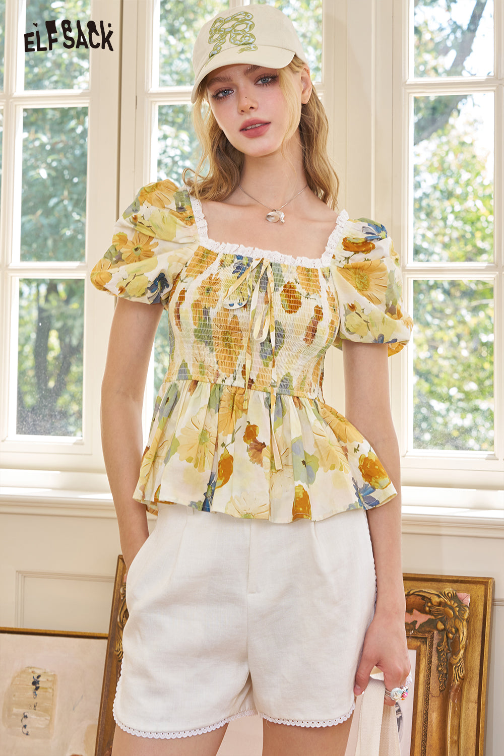 ELFSACK Floral Slim Fit Square Neck Short Sleeved Chiffon Chic Shirt