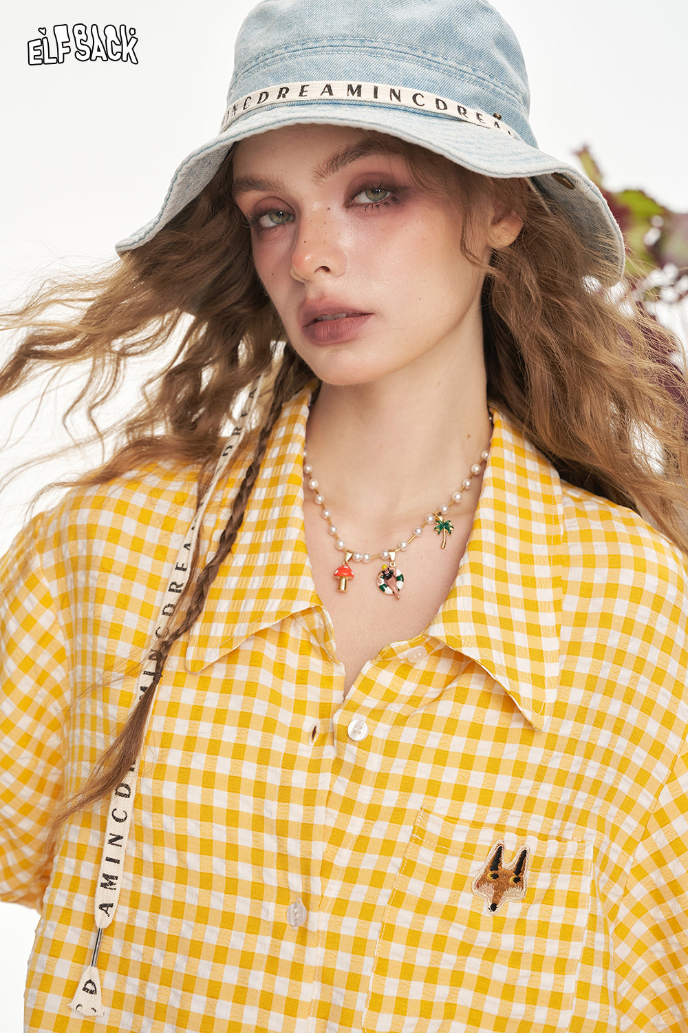 ELFSACK Fox Embroidery Plaid Short Sleeve Chic Shirt