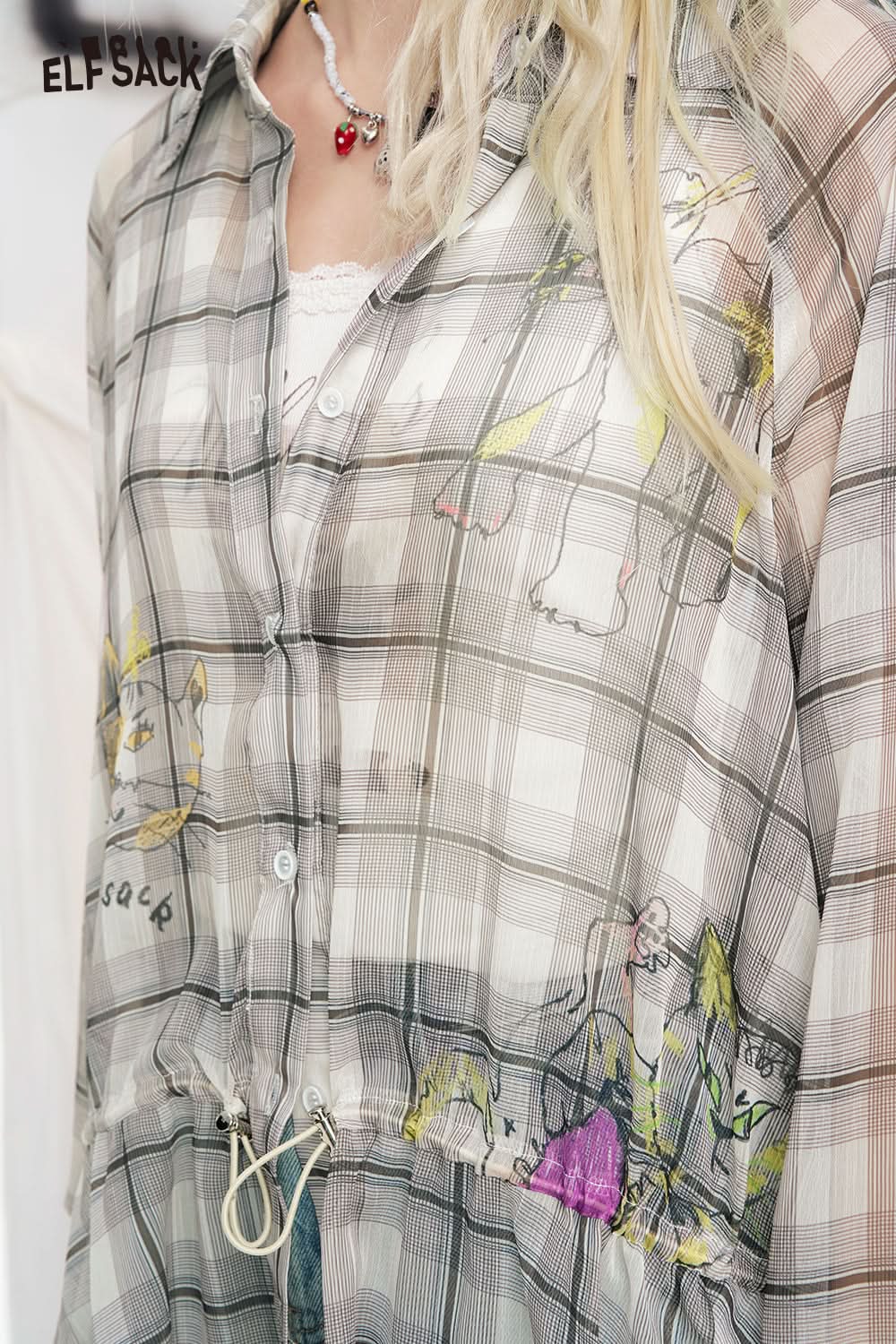 ELFSACK Printed Checkered Chiffon Casual Shirt