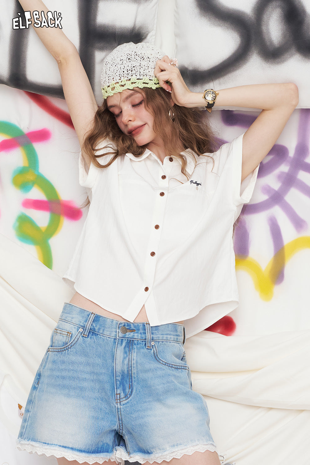 ELFSACK Embroidered Letter Lapel Short Sleeved Chic Shirt