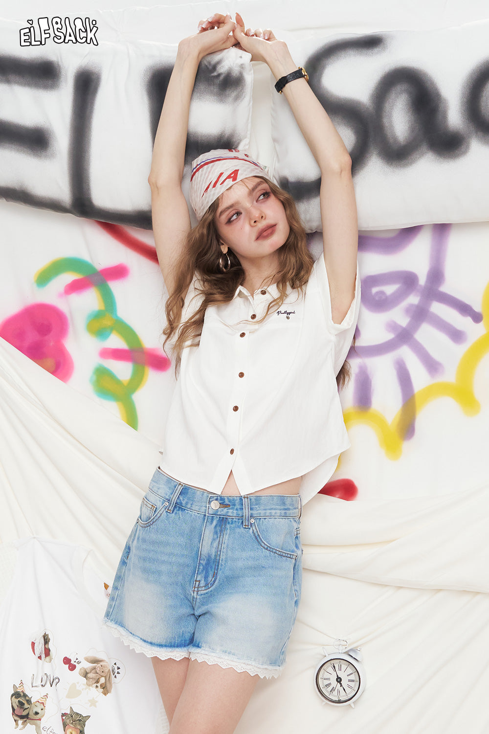 ELFSACK Embroidered Letter Lapel Short Sleeved Chic Shirt