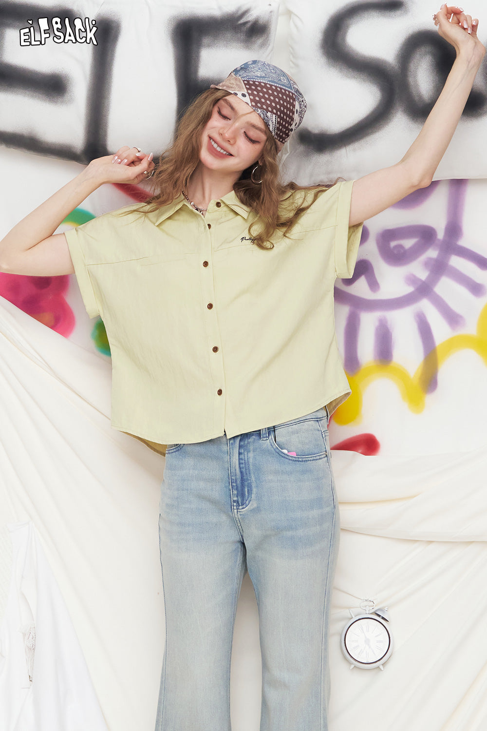 ELFSACK Embroidered Letter Lapel Short Sleeved Chic Shirt