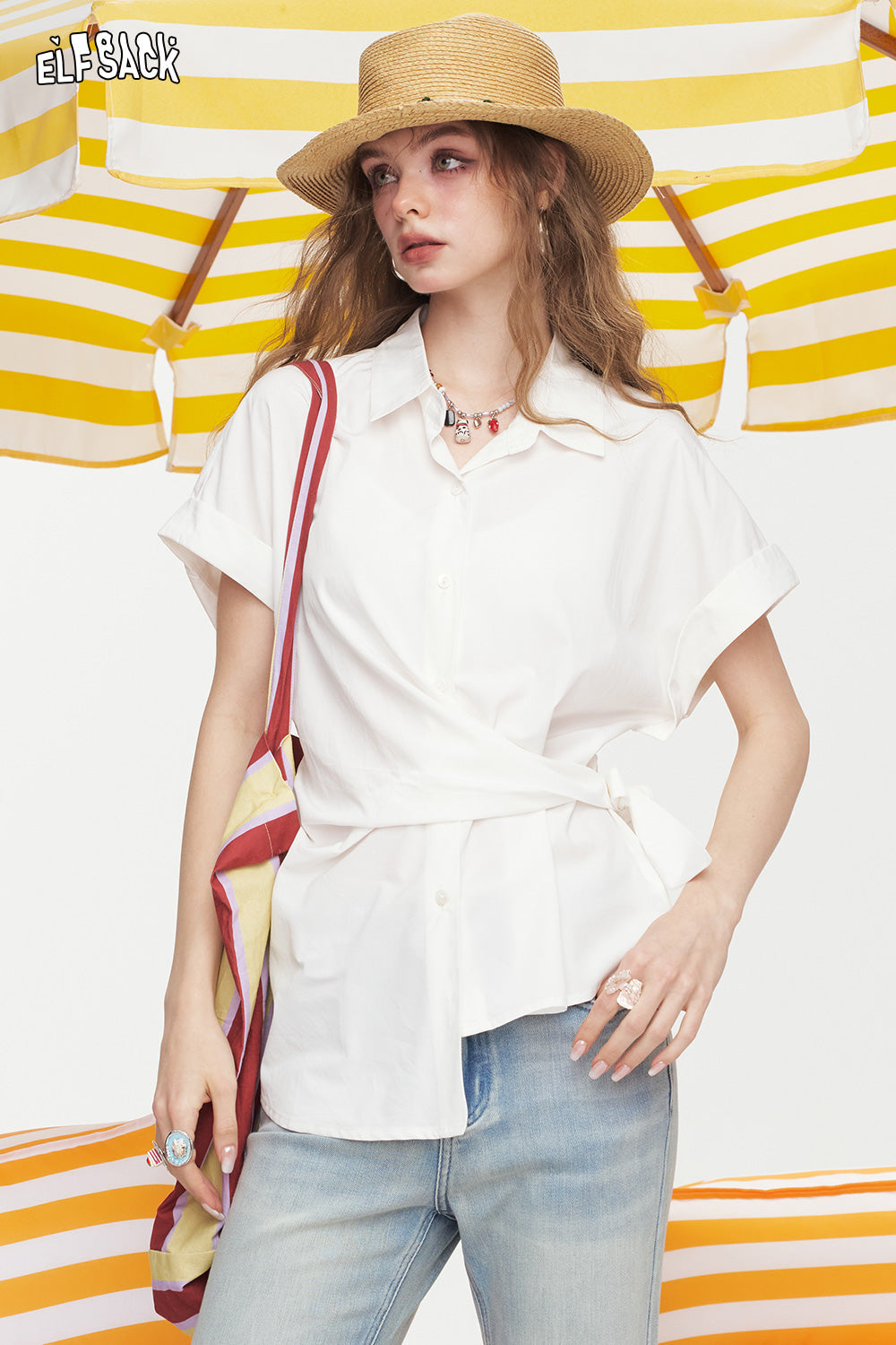ELFSACK Polo Collar Shirt Tie Short Sleeved Chic Shirt Top