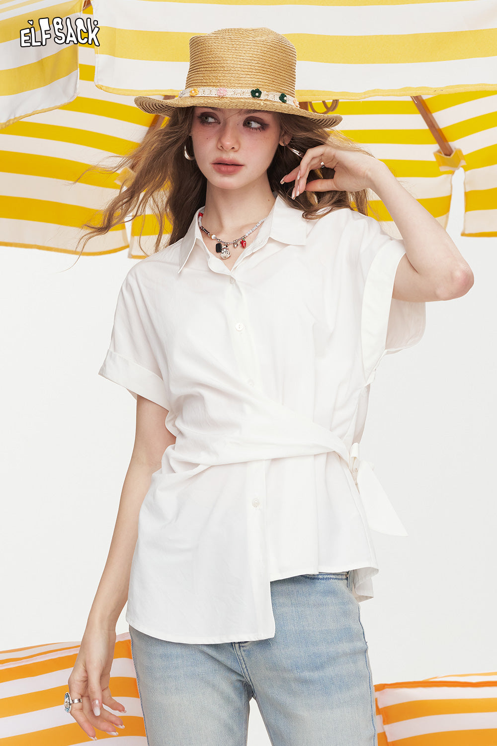 ELFSACK Polo Collar Shirt Tie Short Sleeved Chic Shirt Top