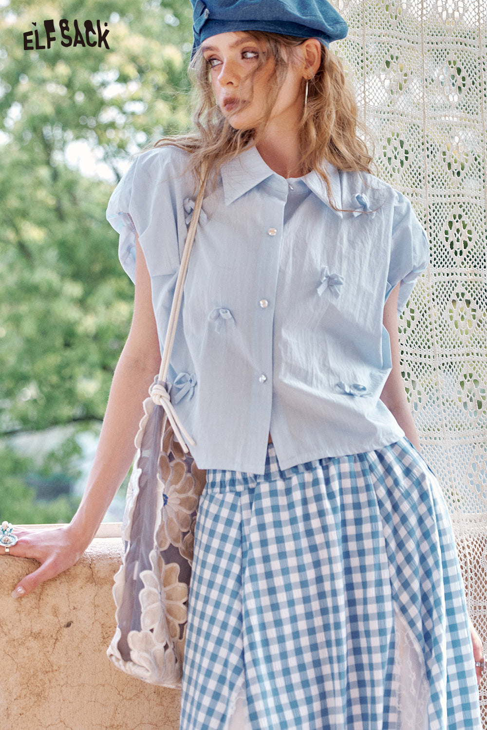ELFSACK Bow Shaped Little Flying Sleeve Chic Sweet Shirt