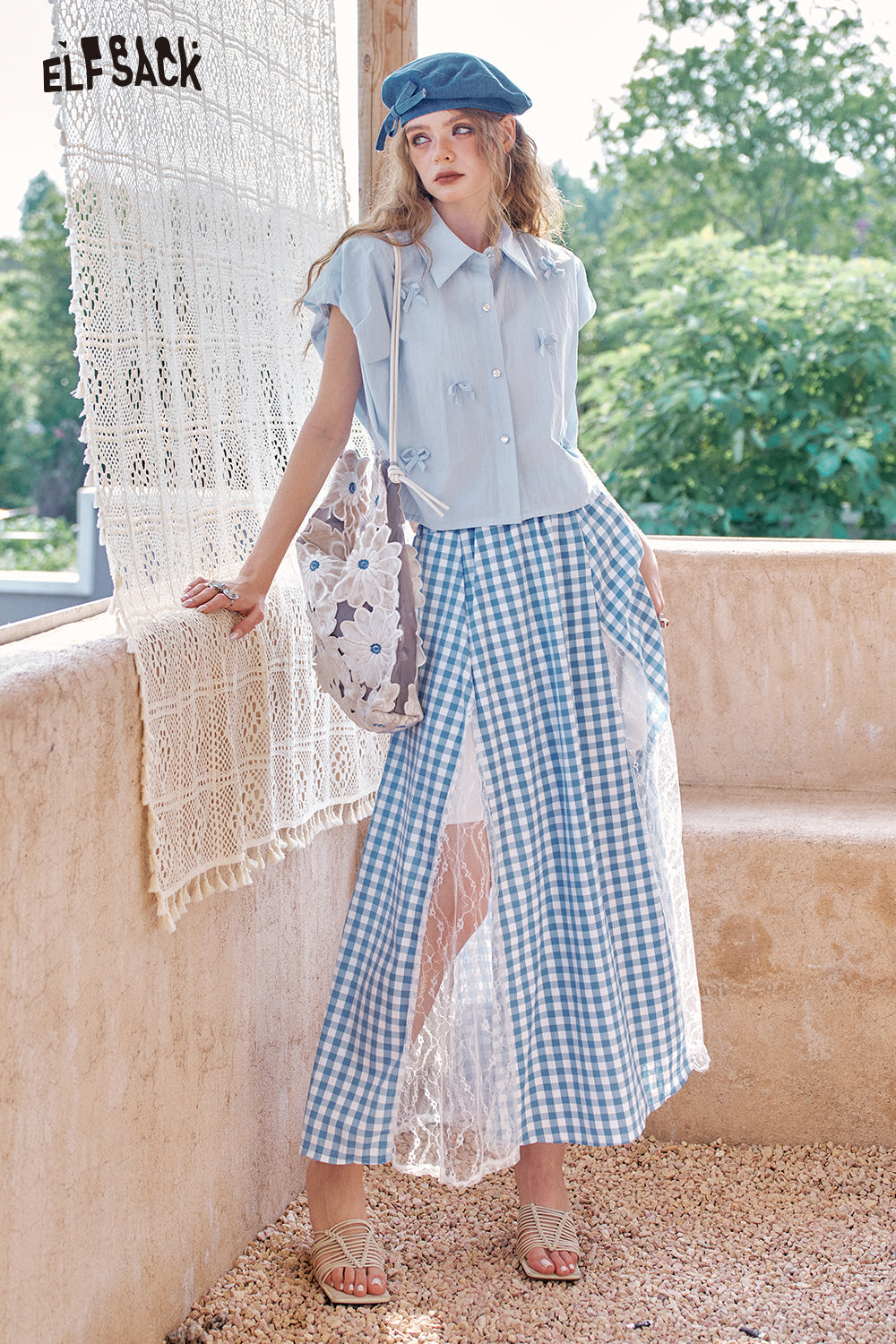 ELFSACK Bow Shaped Little Flying Sleeve Chic Sweet Shirt