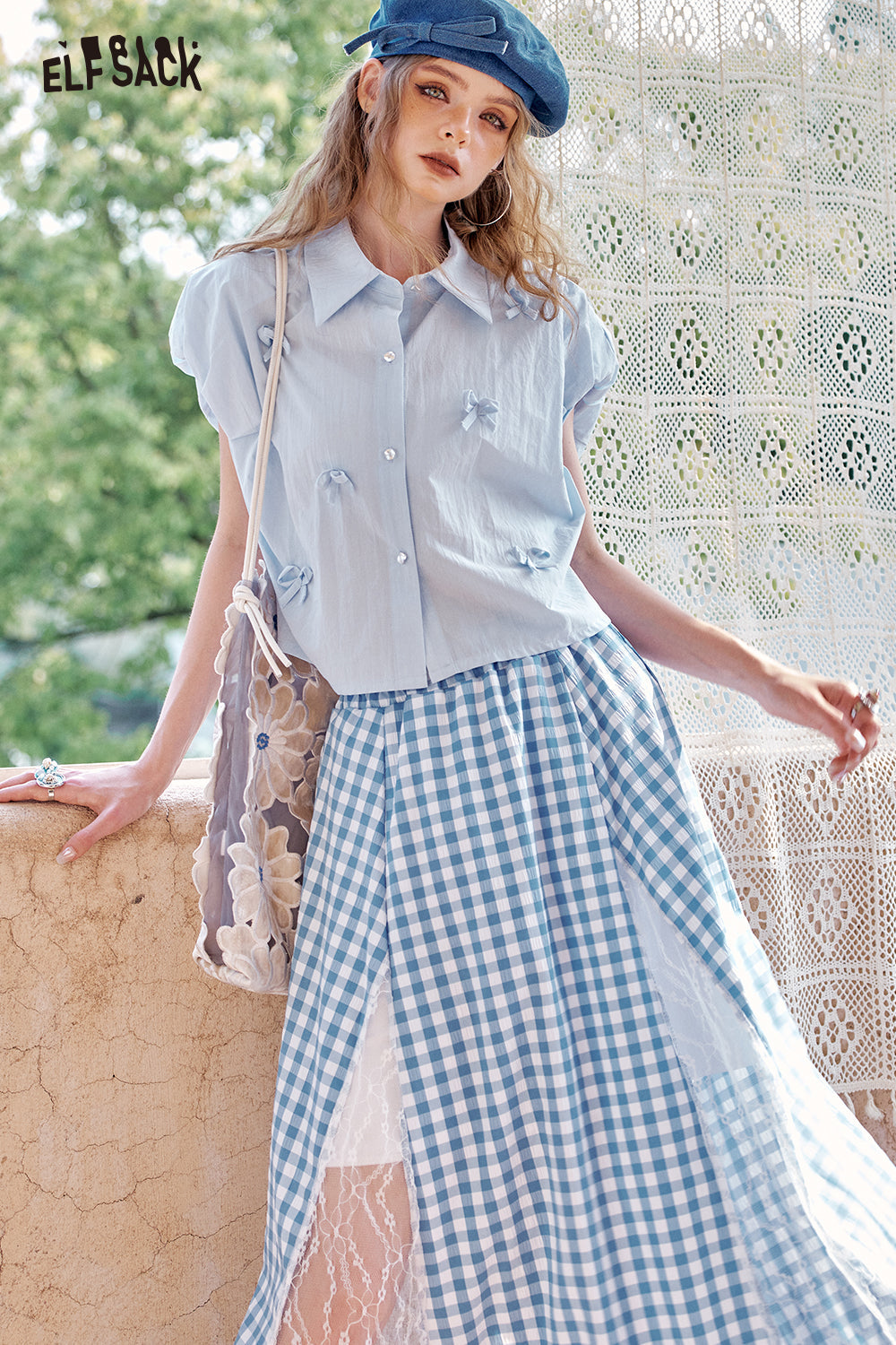 ELFSACK Bow Shaped Little Flying Sleeve Chic Sweet Shirt