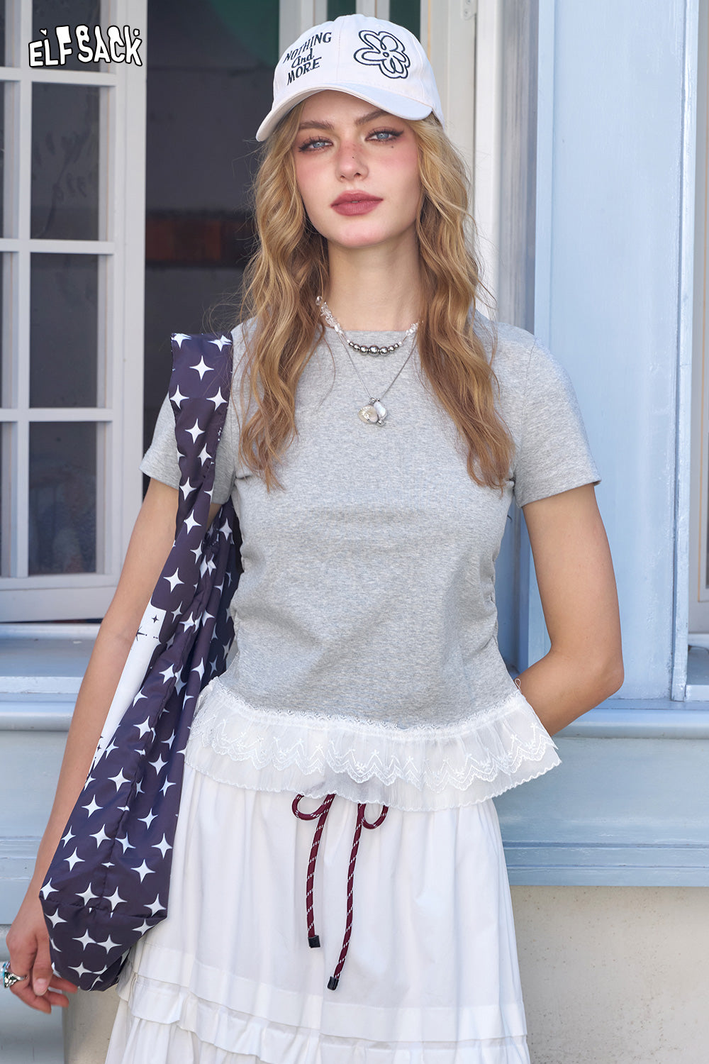 ELFSACK Lace Patchwork White Short Sleeved Chic T-Shirt