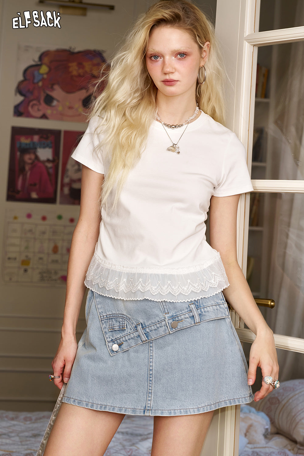 ELFSACK Lace Patchwork White Short Sleeved Chic T-Shirt