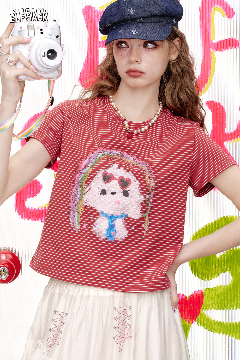 ELFSACK Striped Puppy Print Short Sleeved T-Shirt