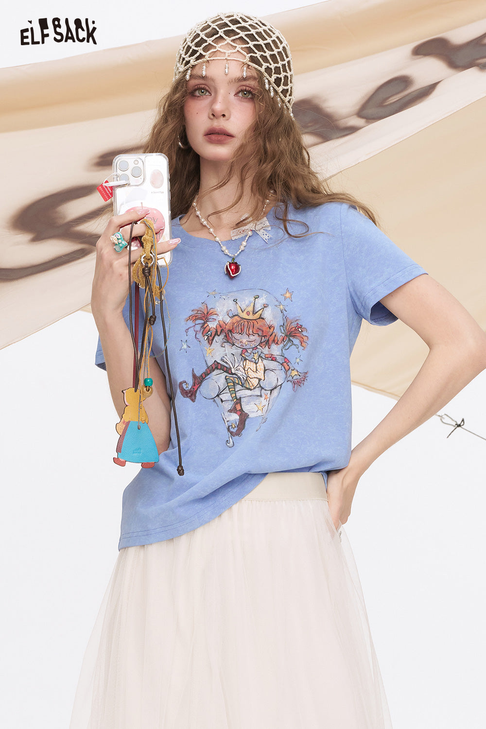 ELFSACK White Printed Shoulder Casual Short Sleeve T-Shirt