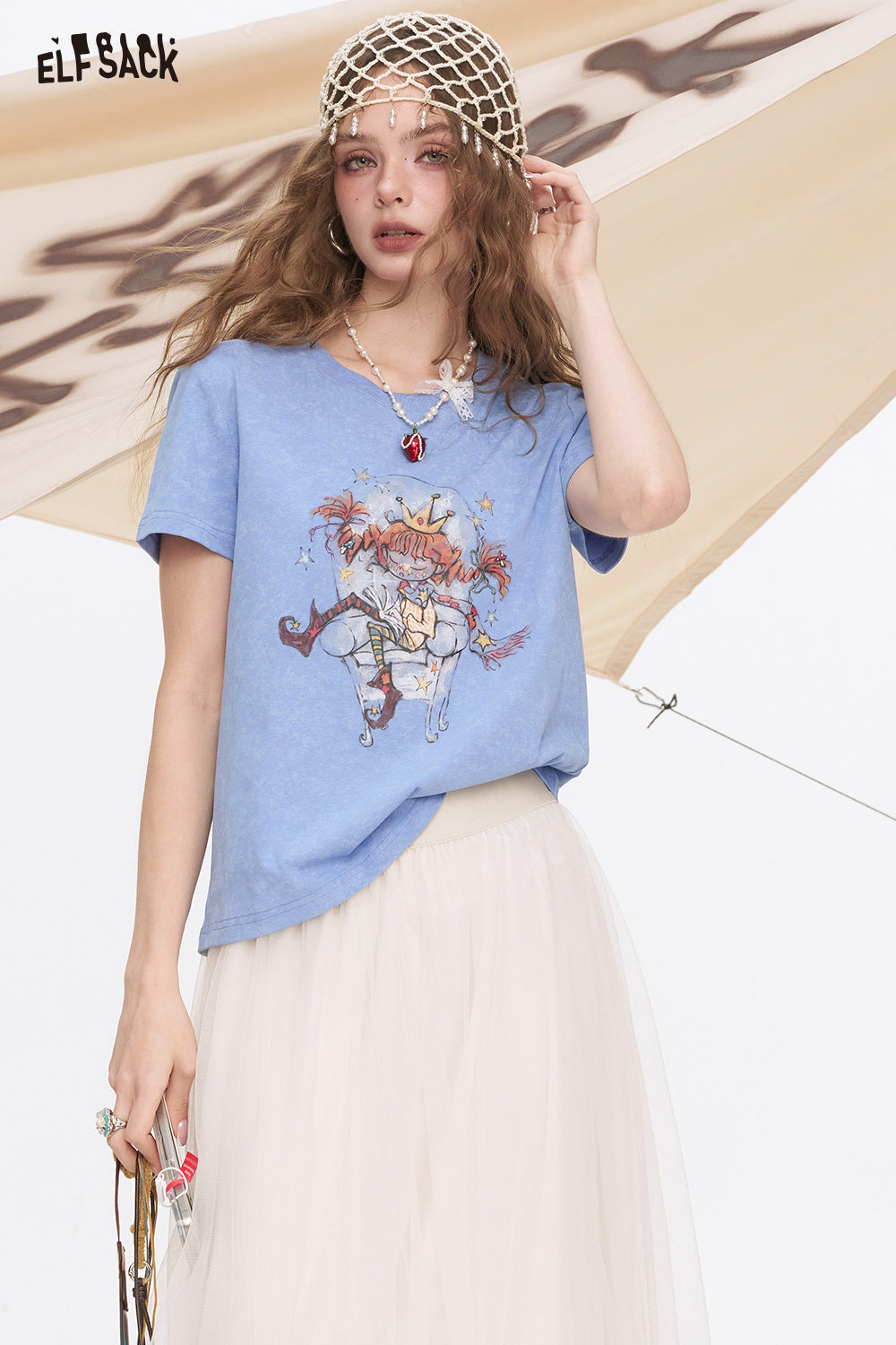 ELFSACK White Printed Shoulder Casual Short Sleeve T-Shirt