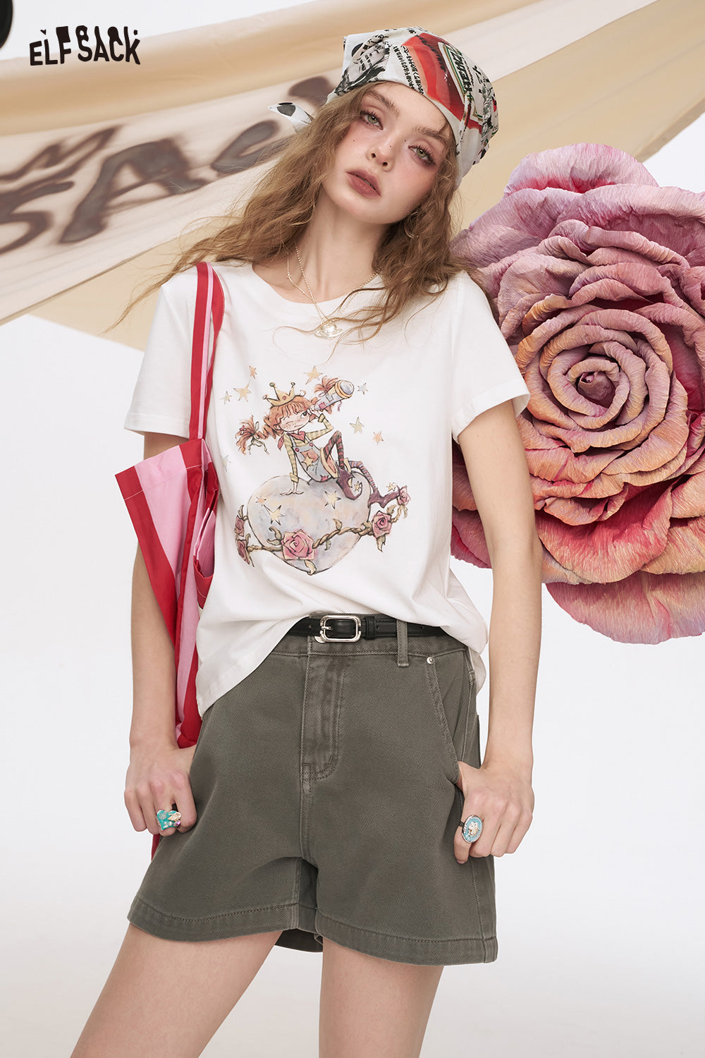 ELFSACK White Printed Shoulder Casual Short Sleeve T-Shirt