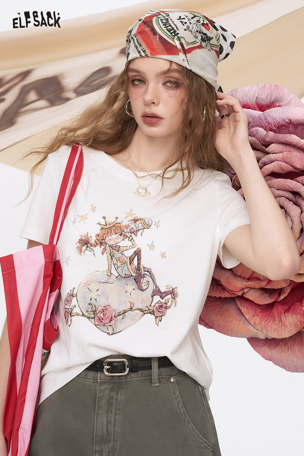 ELFSACK White Printed Shoulder Casual Short Sleeve T-Shirt