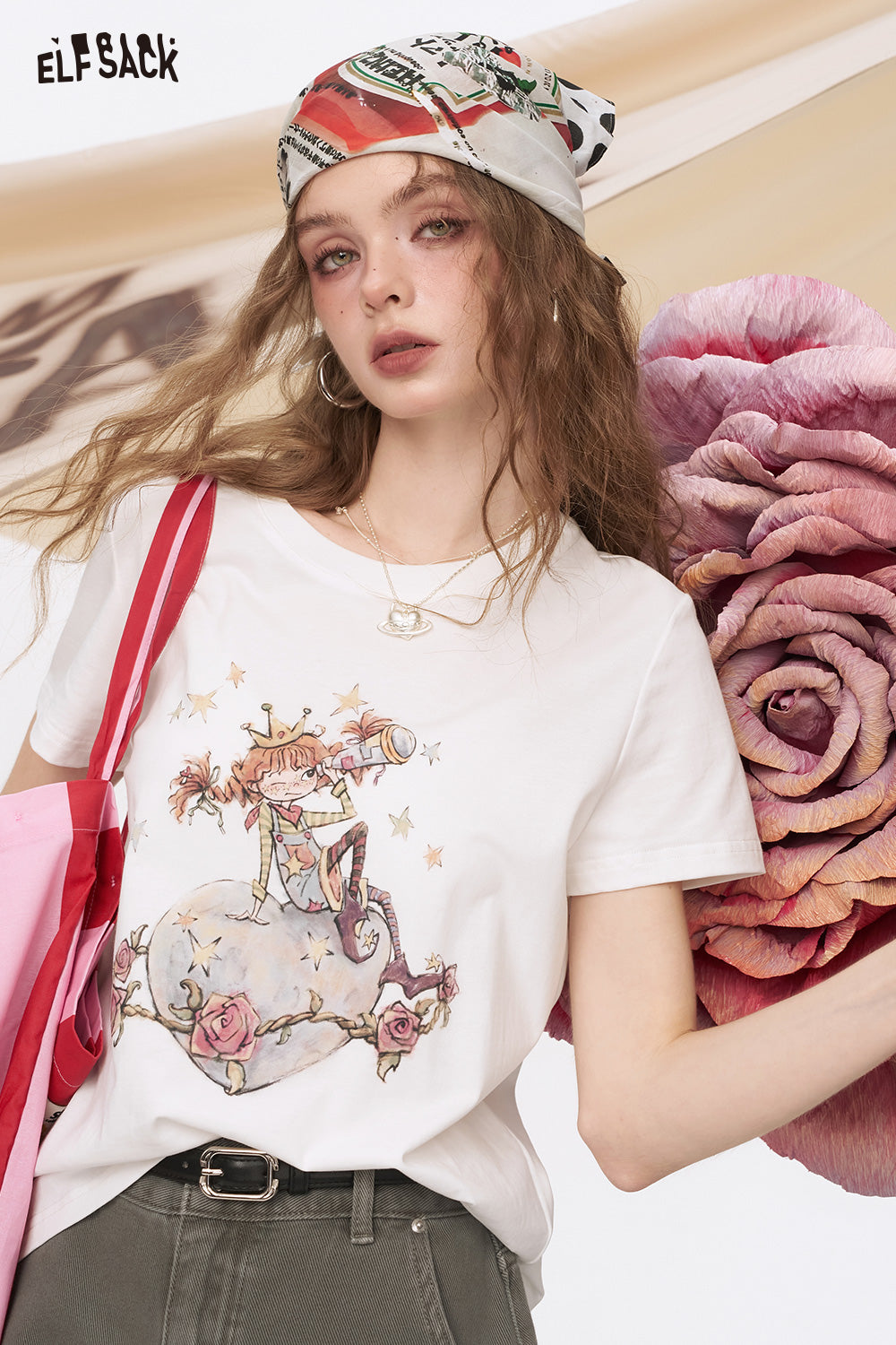 ELFSACK White Printed Shoulder Casual Short Sleeve T-Shirt