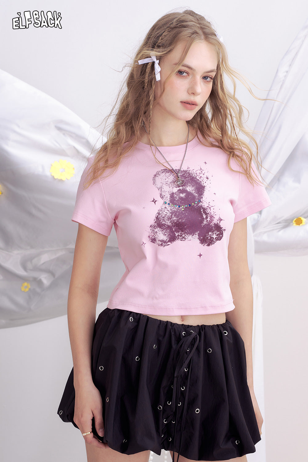 ELFSACK Little Bear Printed Black Short Sleeved T-Shirt