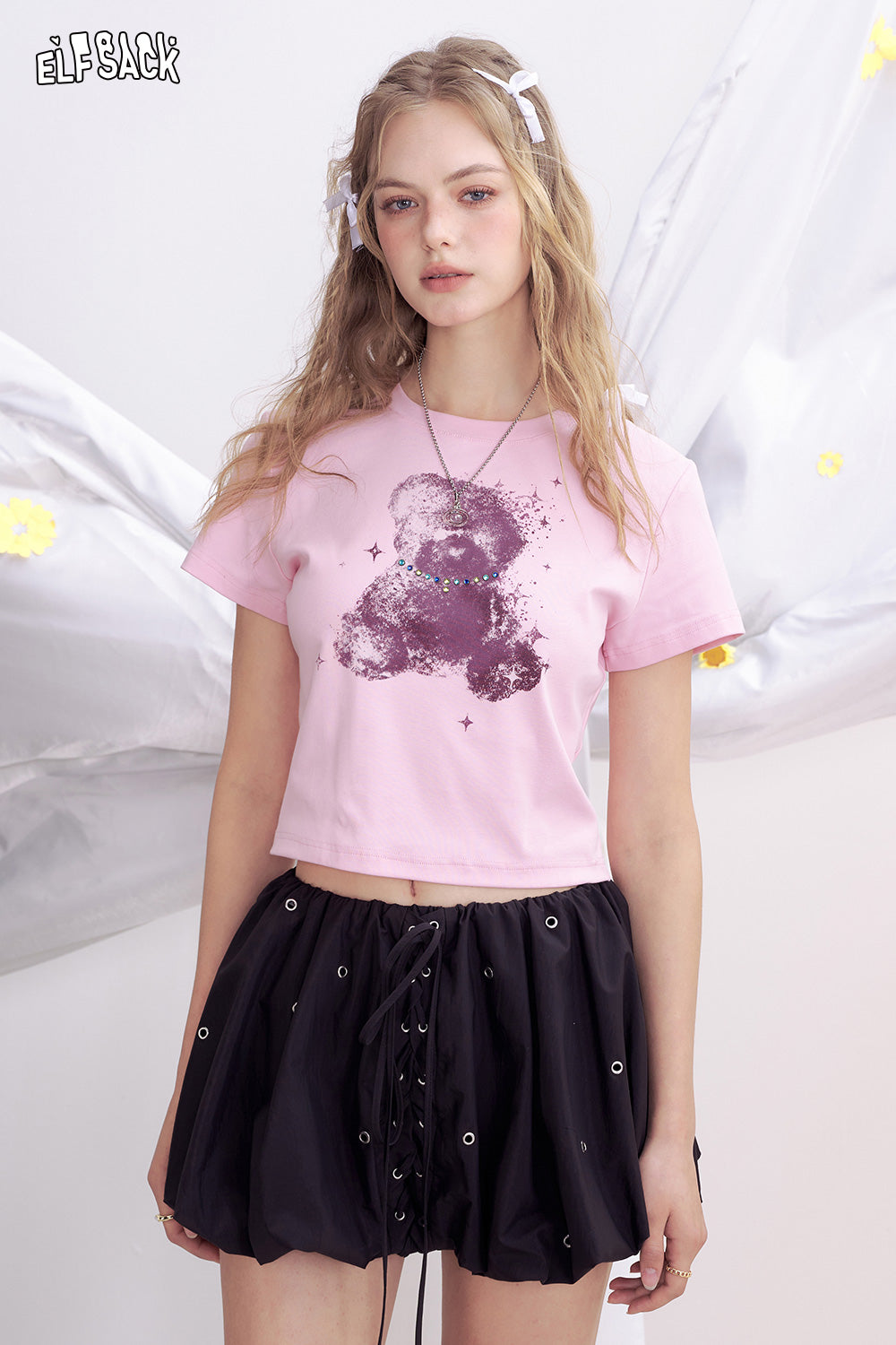 ELFSACK Little Bear Printed Black Short Sleeved T-Shirt