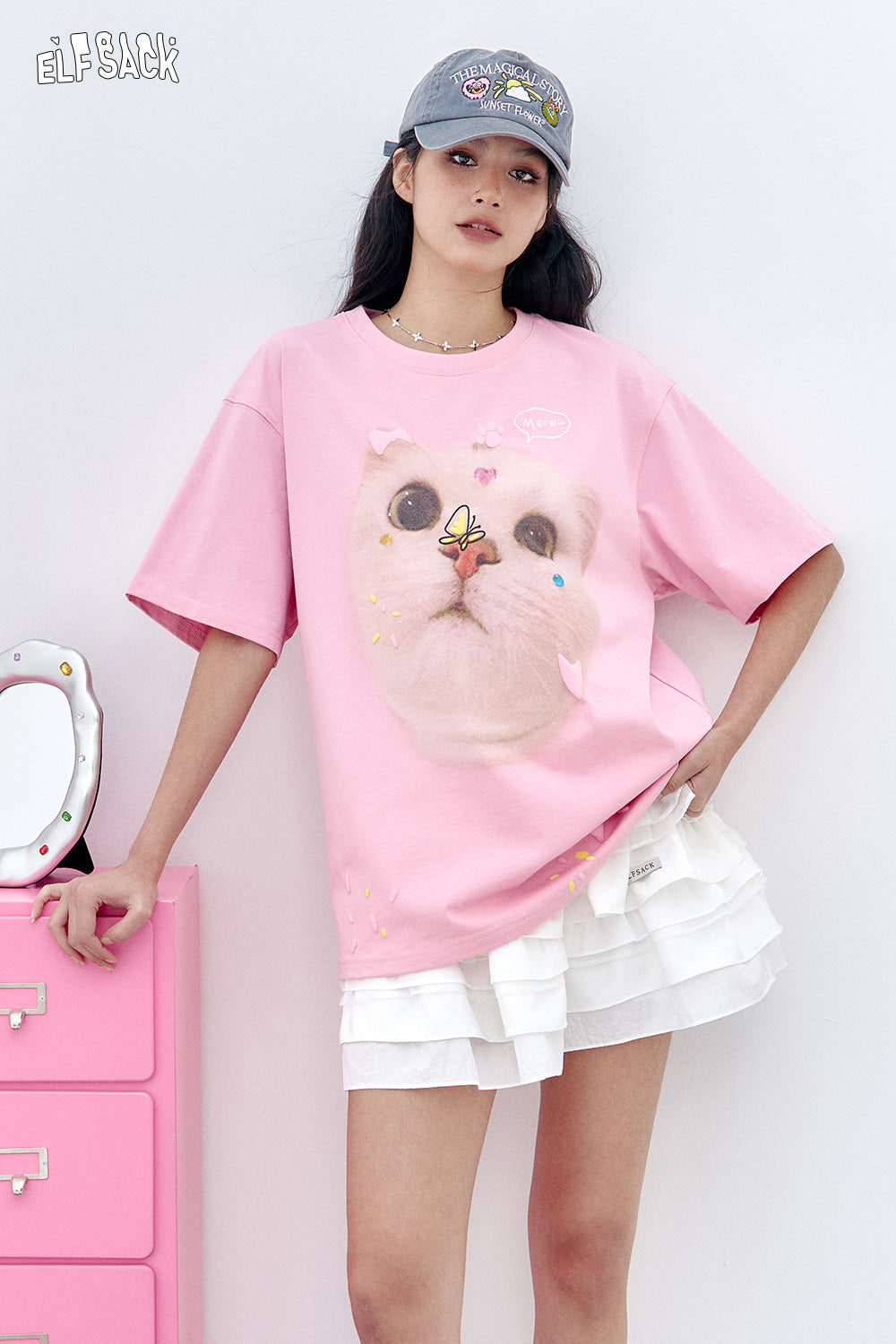 ELFSACK Pink Cat Printed Short Sleeved Casual T-Shirt