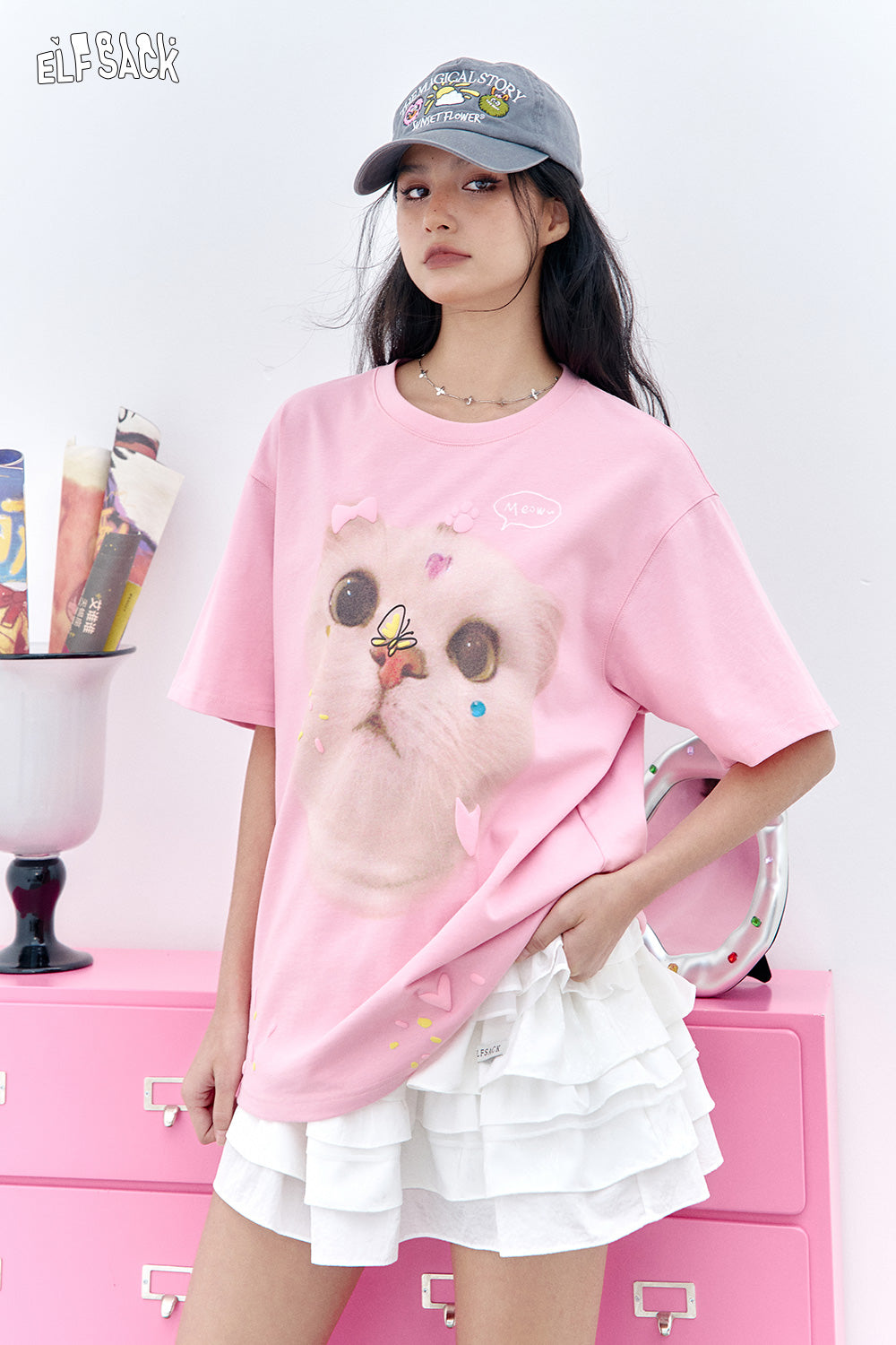 ELFSACK Pink Cat Printed Short Sleeved Casual T-Shirt
