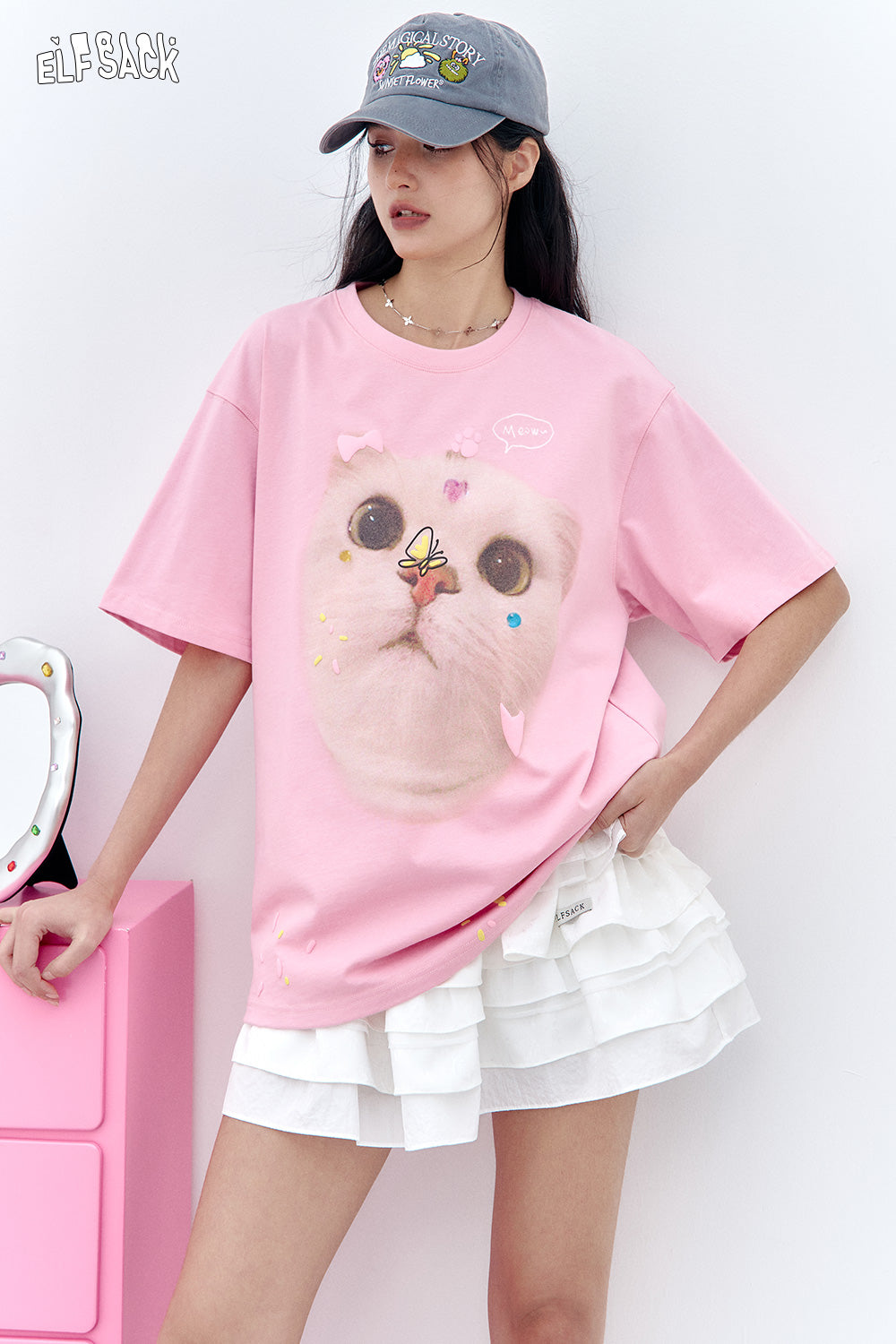 ELFSACK Pink Cat Printed Short Sleeved Casual T-Shirt