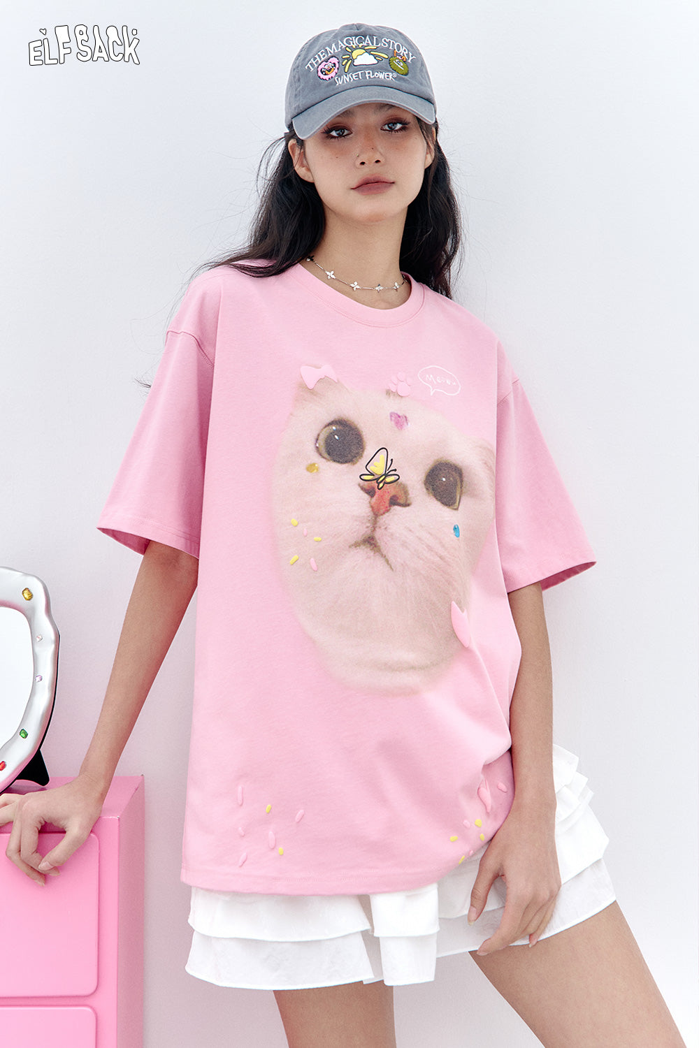 ELFSACK Pink Cat Printed Short Sleeved Casual T-Shirt
