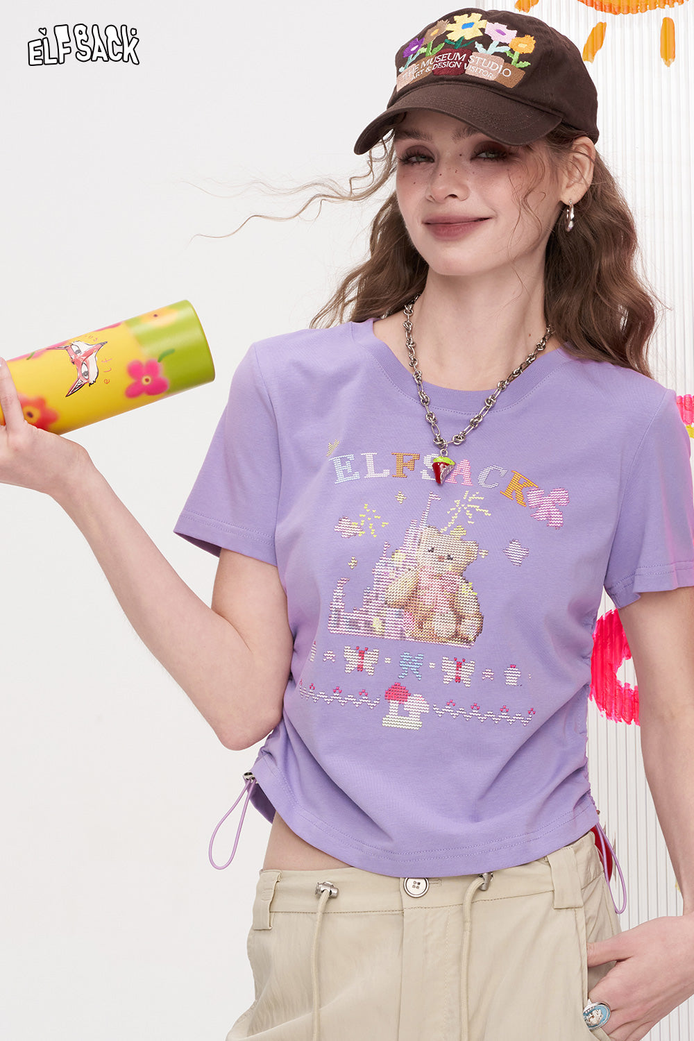 ELFSACK Dopamine Pleated Printed Short Sleeved T-Shirt