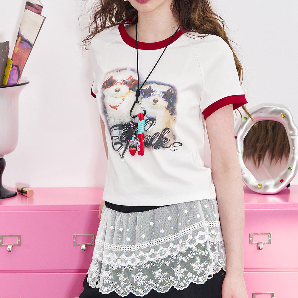 ELFSACK 2025 Summer New Arrivals Color Blocking Puppy Print Short Sleeved T-Shirt For Women